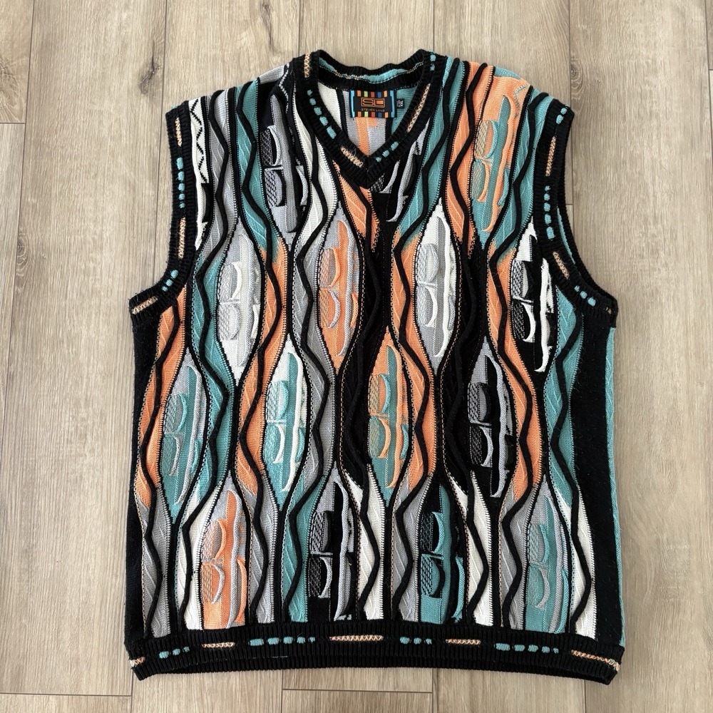 Vintage Steven Land Men's XXL Multicolor 3D Coogi Style Knit Sweater Vest Retro